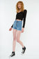 medium wash high rise button fray shorts