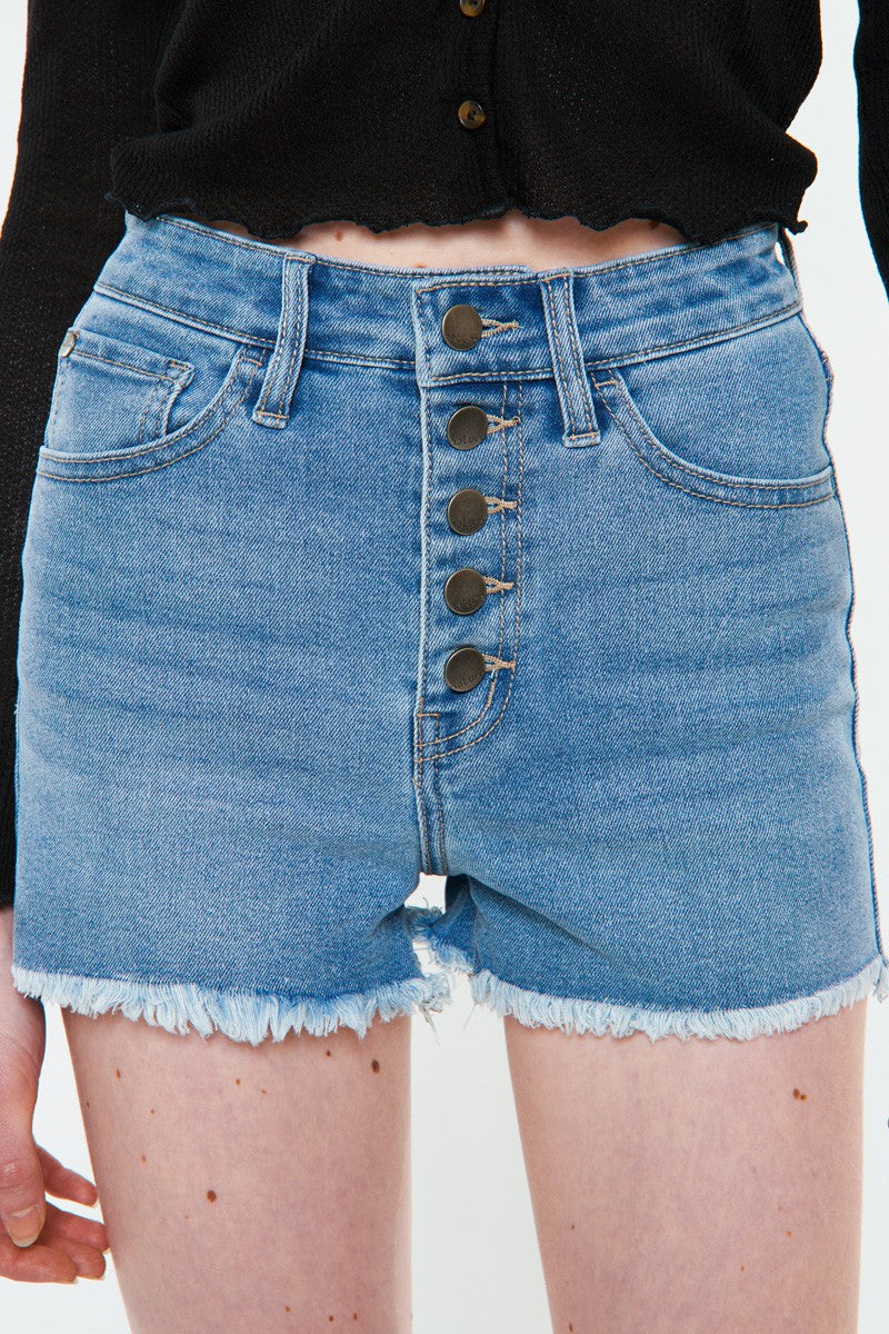nature denim medium wash high rise button shorts