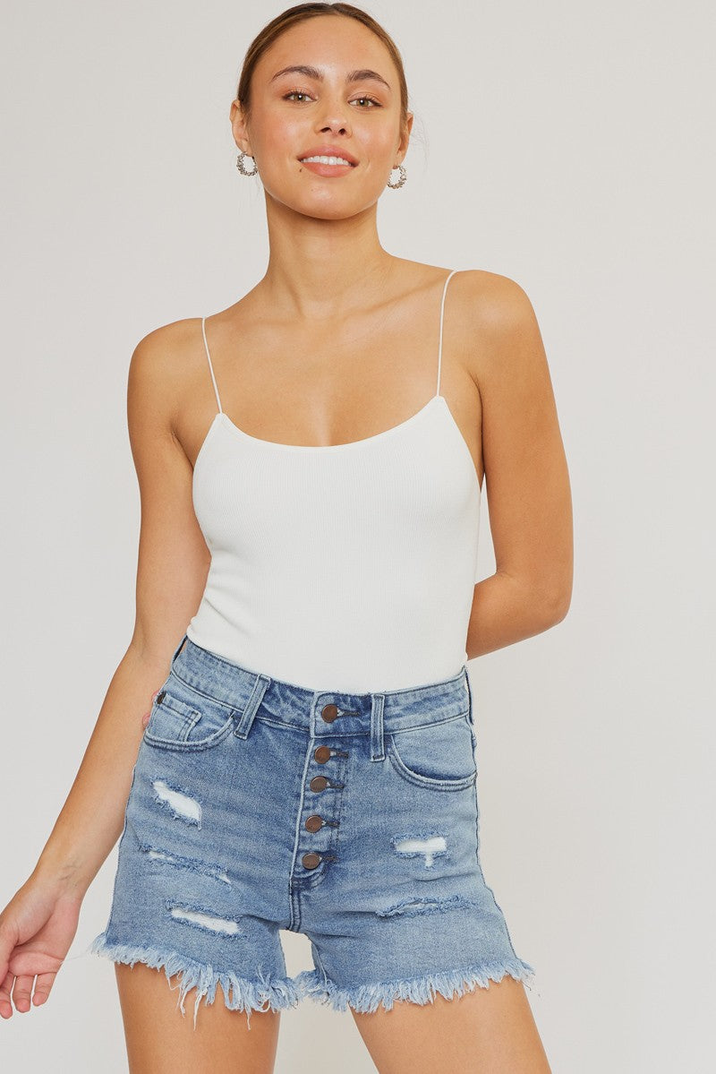 nature denim high rise button fly fray denim shorts