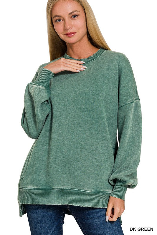 green mineral wash pocket pullover top