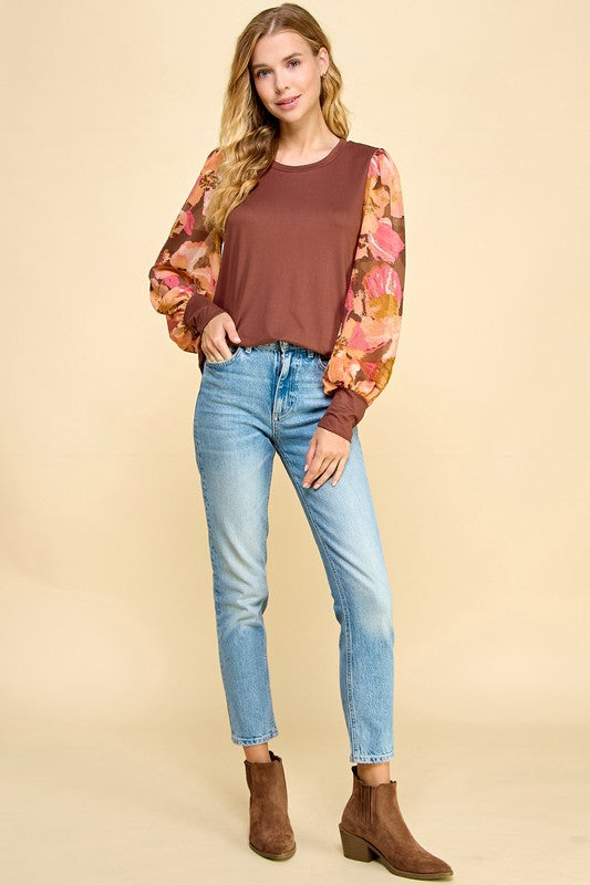 floral contrast sleeve top for fall