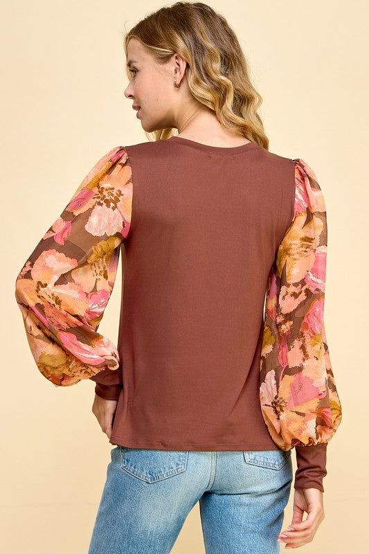 rust floral contrast sleeve top