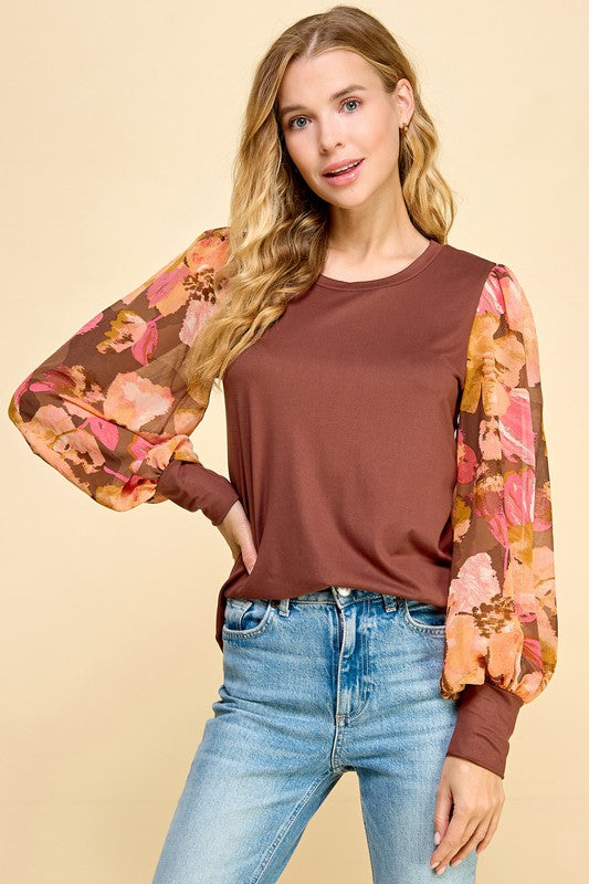 rust floral contrast long sleeve top
