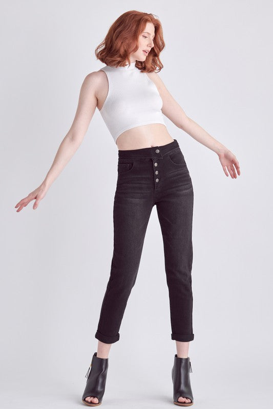 nature denim black high rise button fly mom jeans