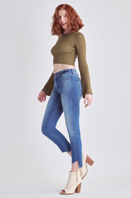 medium wash cropped hem mid rise jeans