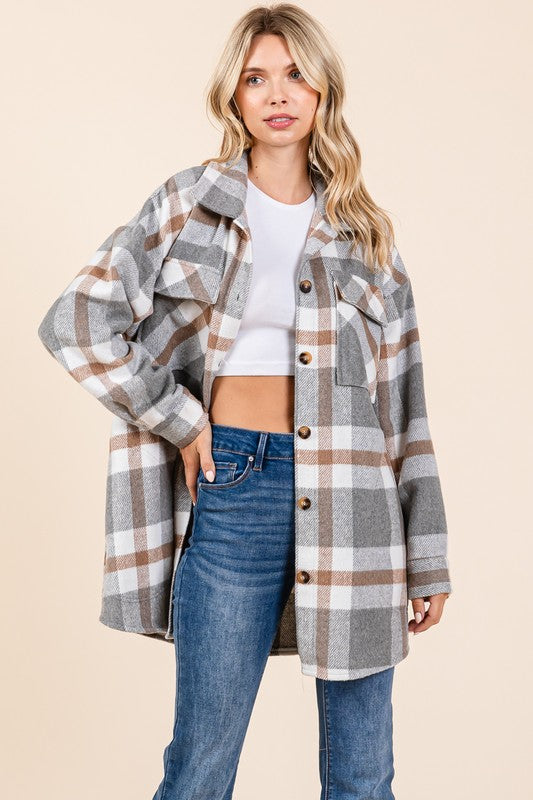 rolypoly grey plaid long pocket shacket