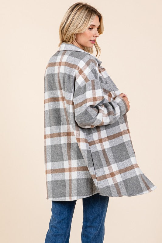 grey cream plaid long button shacket