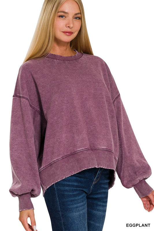 zenana purple mineral wash boxy sweatshirt top