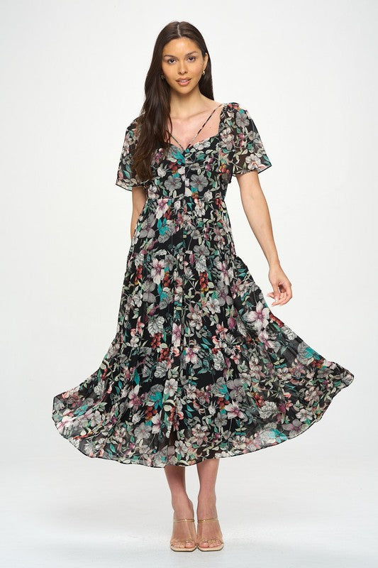 blush and day black floral chiffon flutter sleeve midi dress