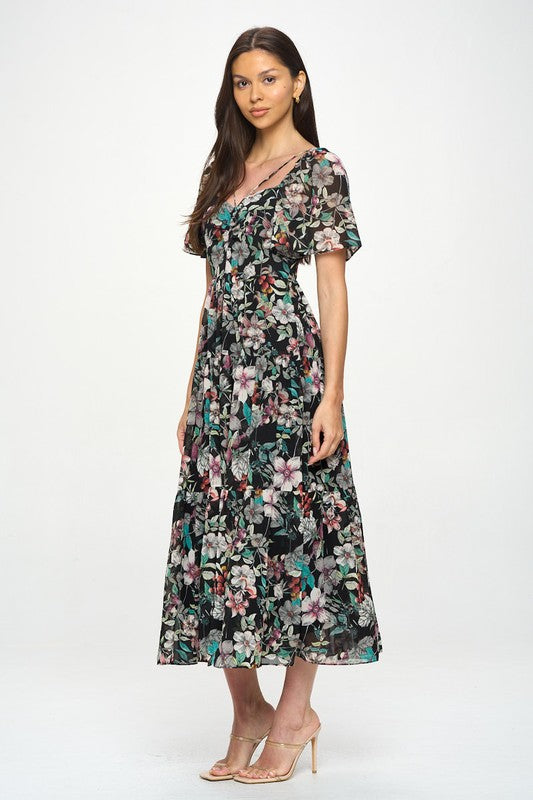 black floral fall wedding guest dress