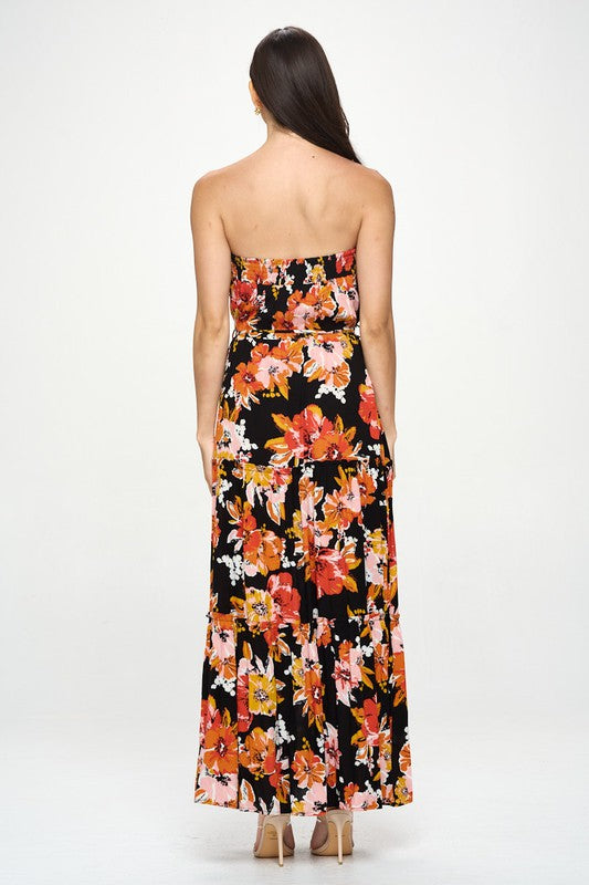 strapless floral print maxi dress