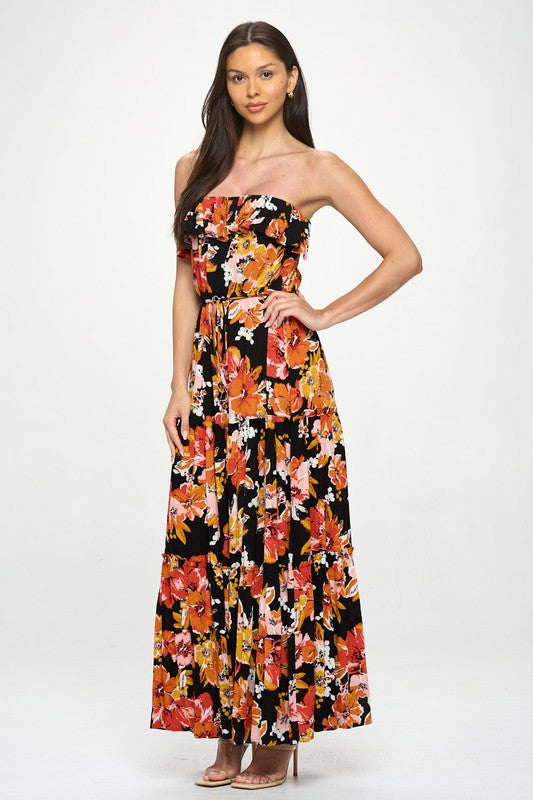 black and orange floral strapless maxi dress