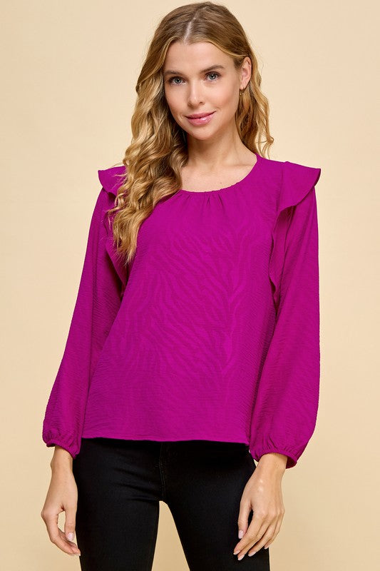 bright pink ruffle long sleeve comfy fit top