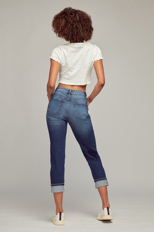 dark wash high rise lightly distressed jeans