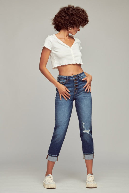 dark wash high rise button fly mom jeans