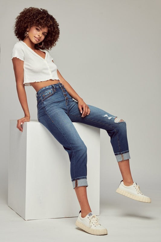 dark wash high rise straight leg mom jeans