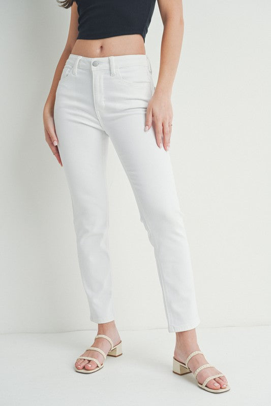white mid rise straight leg jeans