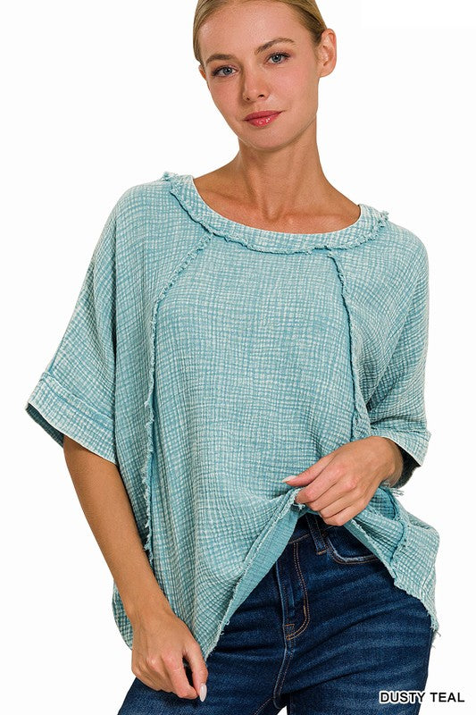 teal gauze mineral wash boxy top
