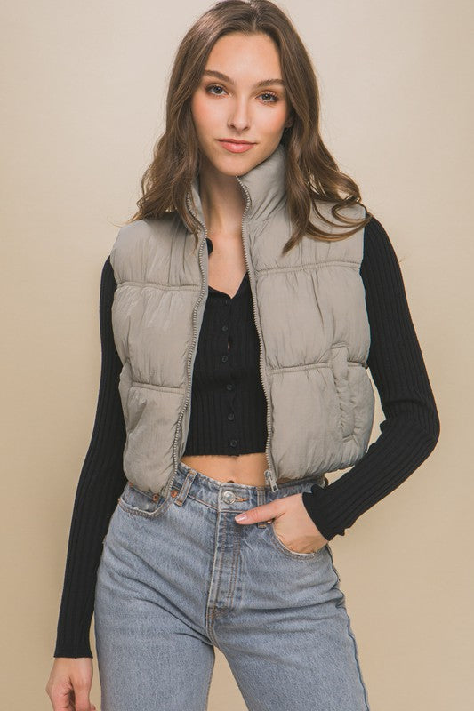 grey cropped puffer vest