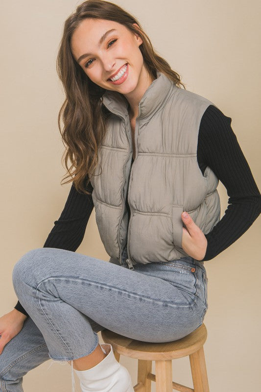 grey cropped zip up puffer vest