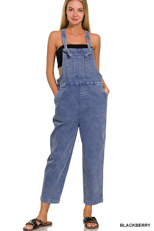 blue mineral wash crop overall jumpsuit