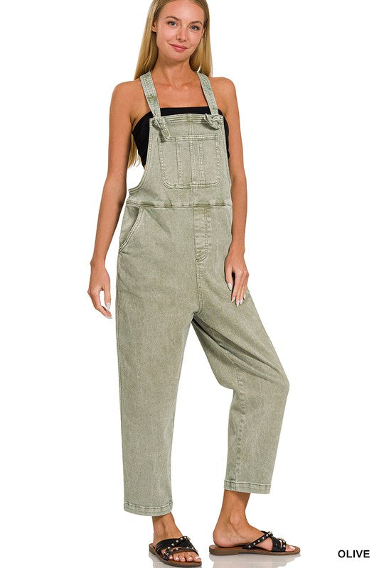 olive green loose fit mineral wash knot overalls
