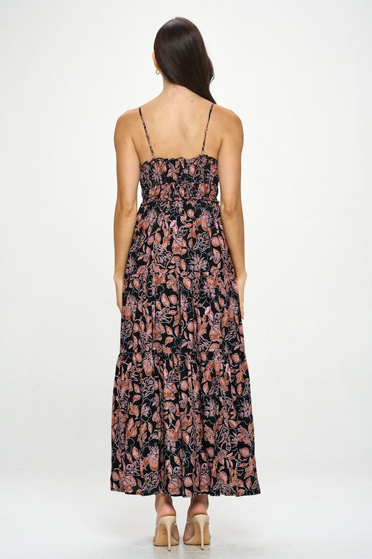 black floral sleeveless tiered maxi
