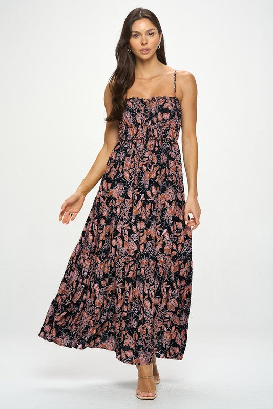 black pink floral sleeveless maxi dress