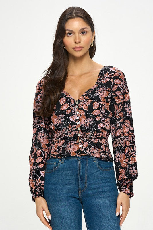 blush bj black floral long sleeve top