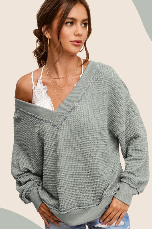 sage v neck waffle long sleeve top