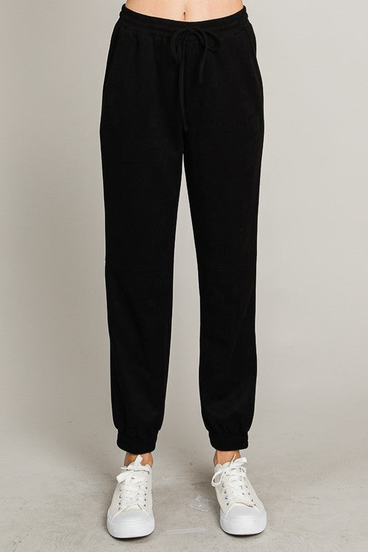 black faux suede elastic jogger pants