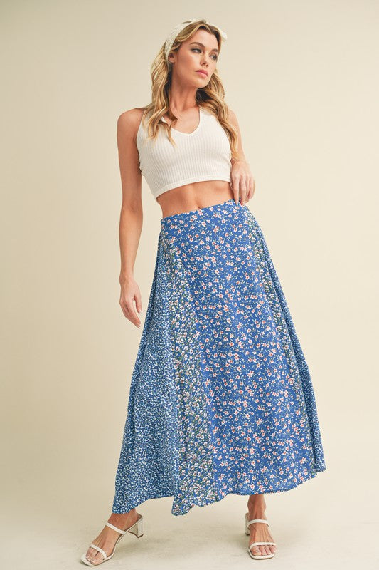 blue elastic waist floral print skirt