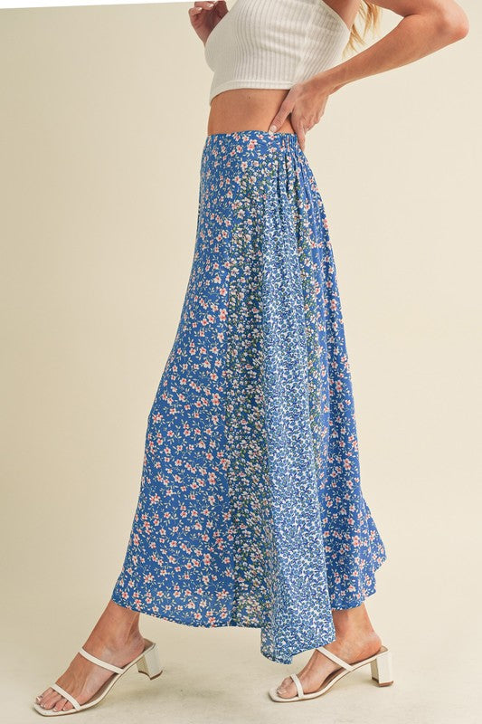 blue floral print maxi skirt