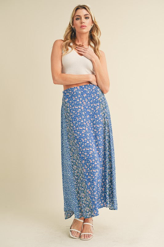 blue floral patch maxi skirt