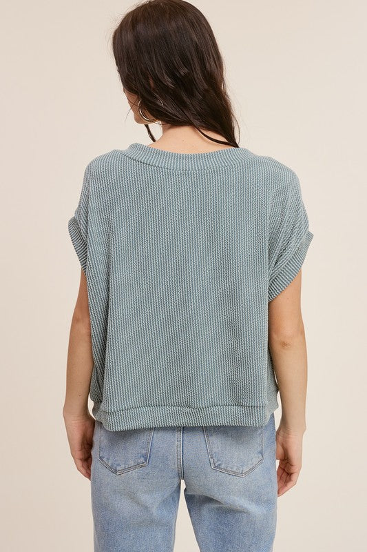blue ribbed relaxed fit boxy top