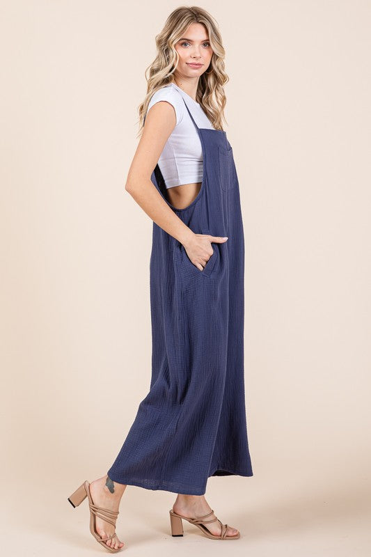 navy wide leg flowy jumpsuit