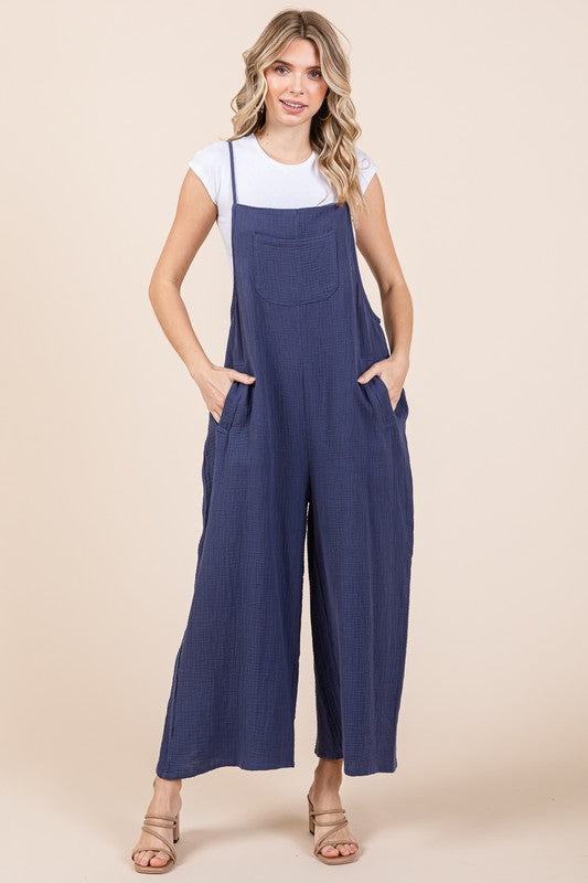 dark blue gauze wide leg jumpsuit