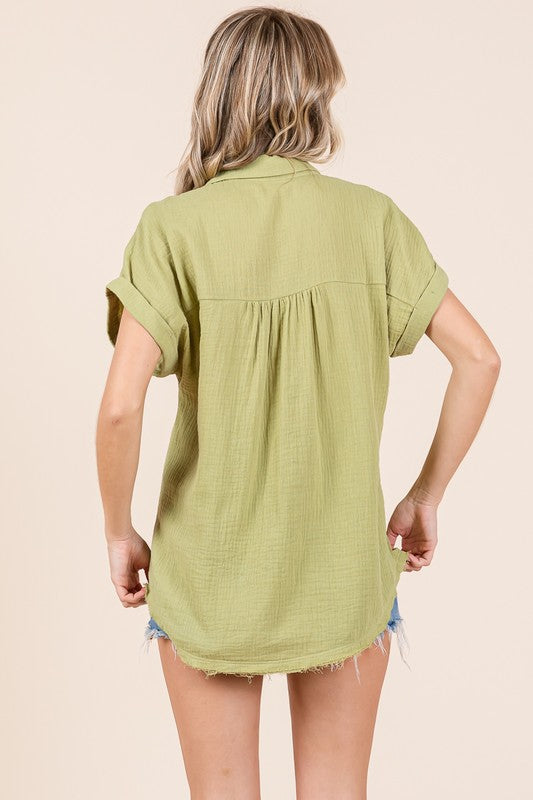 green button down oversized top