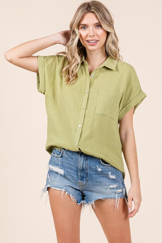 olive green gauze button down top