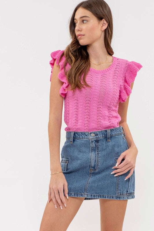 pink knit ruffle sleeve tank