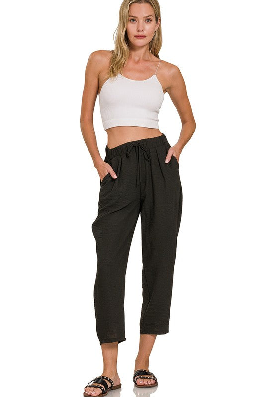 black elastic waist cropped pants
