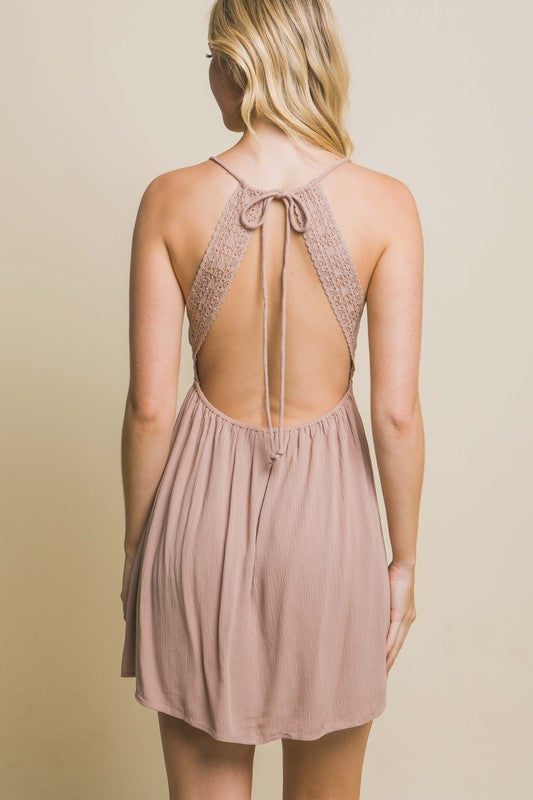 taupe sleeveless open back short dress