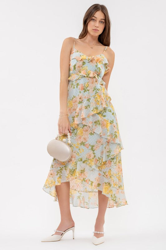 blue yellow orange floral ruffle dress