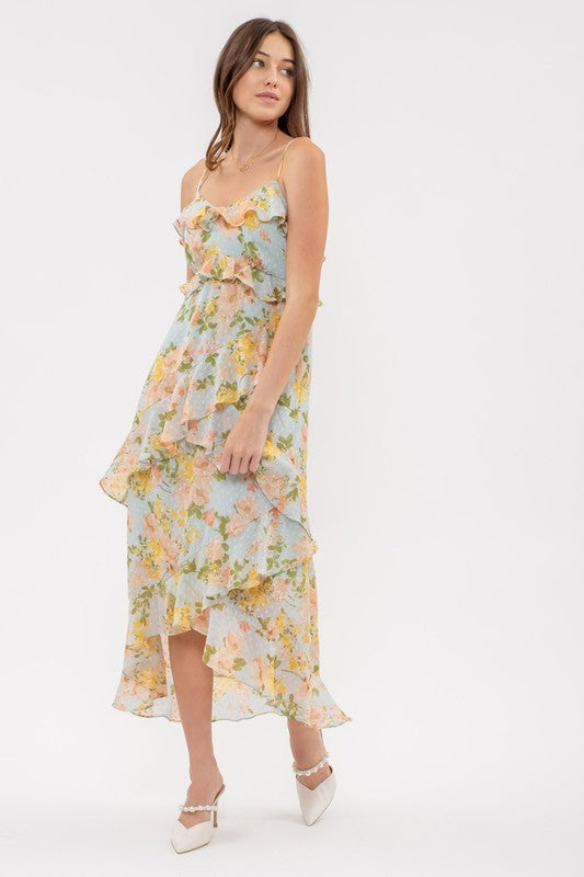 blue floral ruffle sleeveless midi dress