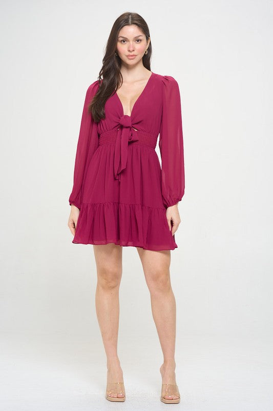 wine long sleeve chiffon tie front short dress