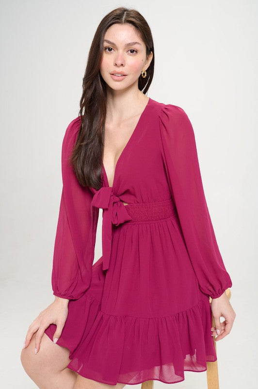 burgundy long sleeve tie front short dress