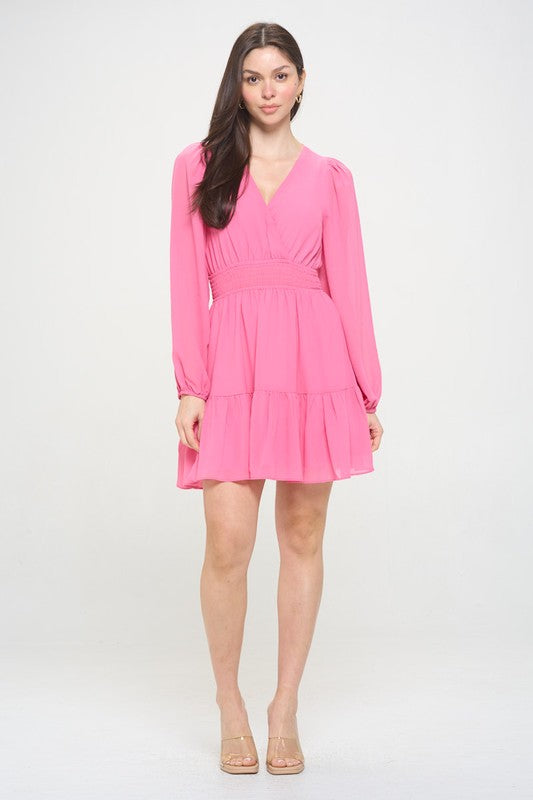blush and day pink long sleeve chiffon short dress