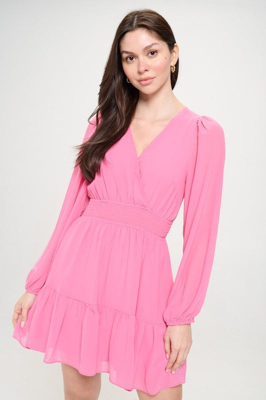 Pink Chiffon Long Sleeve Short Dress