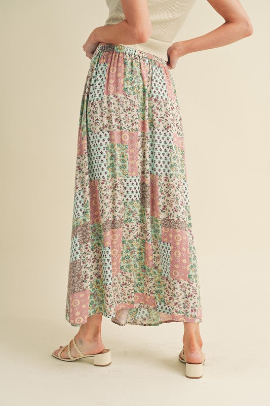 pink and mint patchwork maxi skirt