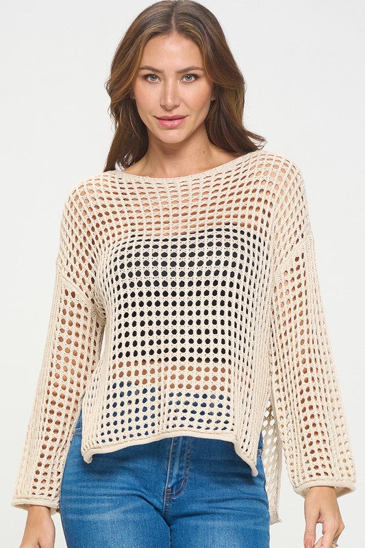 long sleeve hollow out crochet top